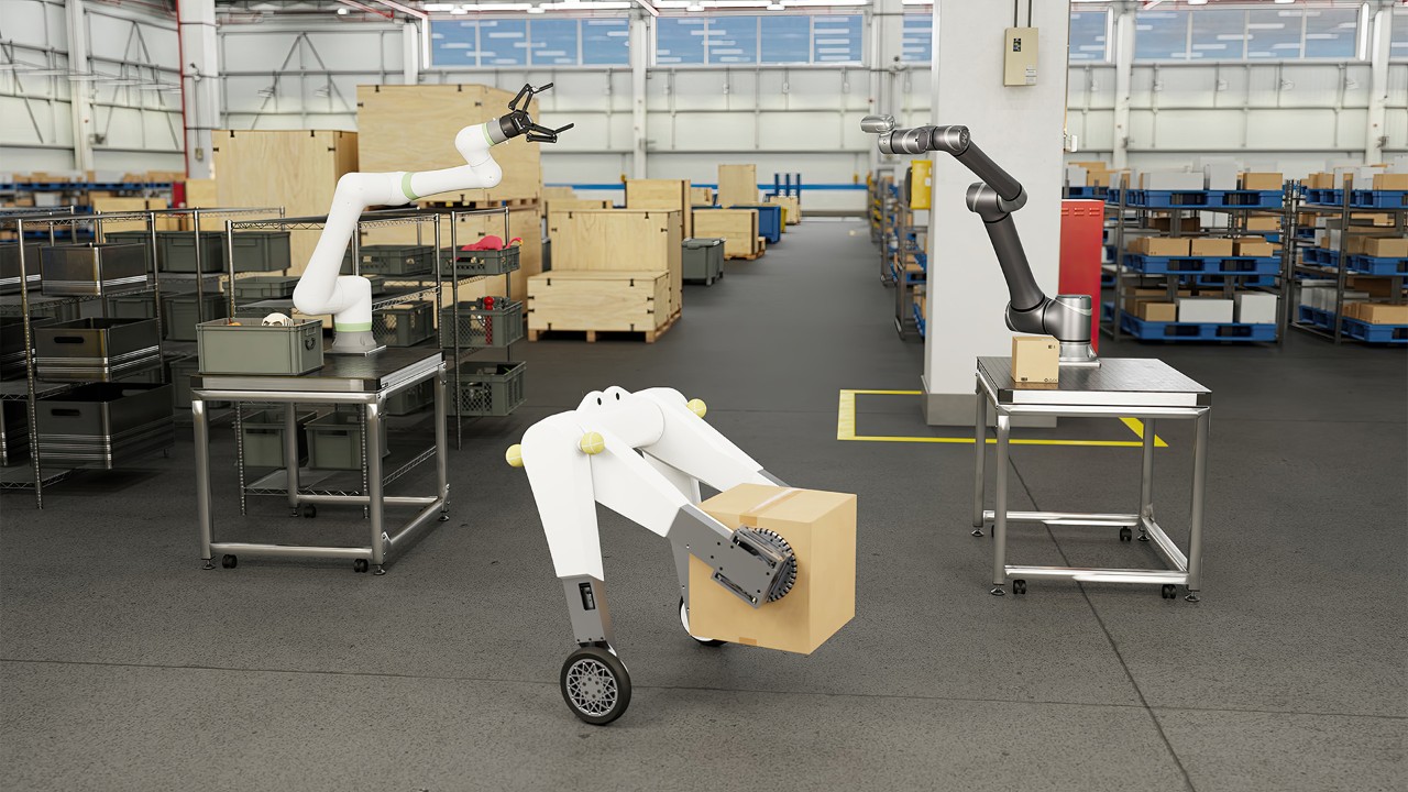  Simulated image of three robots operating in a warehouse.