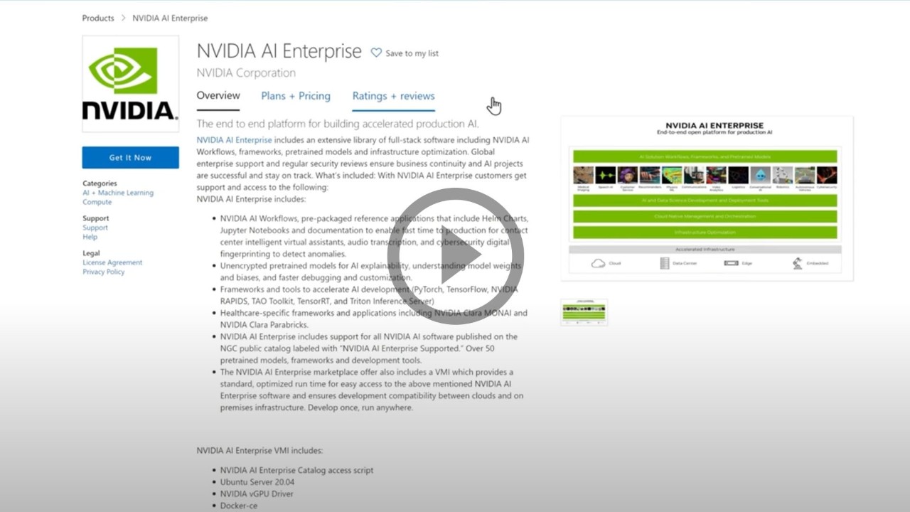 An image of the user interface  of NVIDIA AI Enterprise on Microsoft  Azure Marketplace