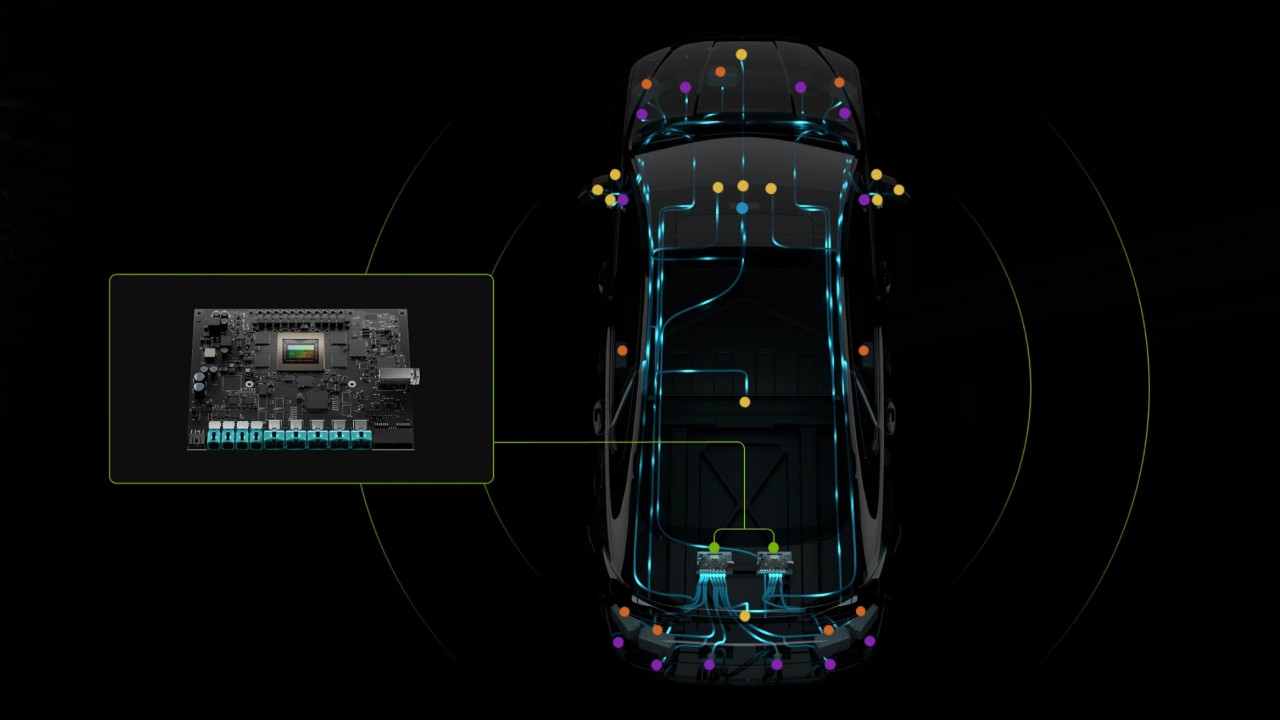 NVIDIA DRIVE AGX を紹介するビジュアル、NVIDIA DRIVE AGX Thor システム オンチップを強調